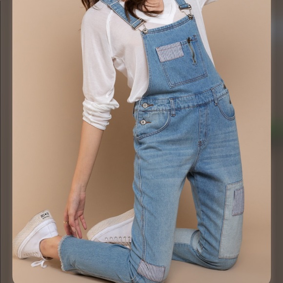 New! POL Unique Patchwork Overalls Denim Jeans - Picture 1 of 13